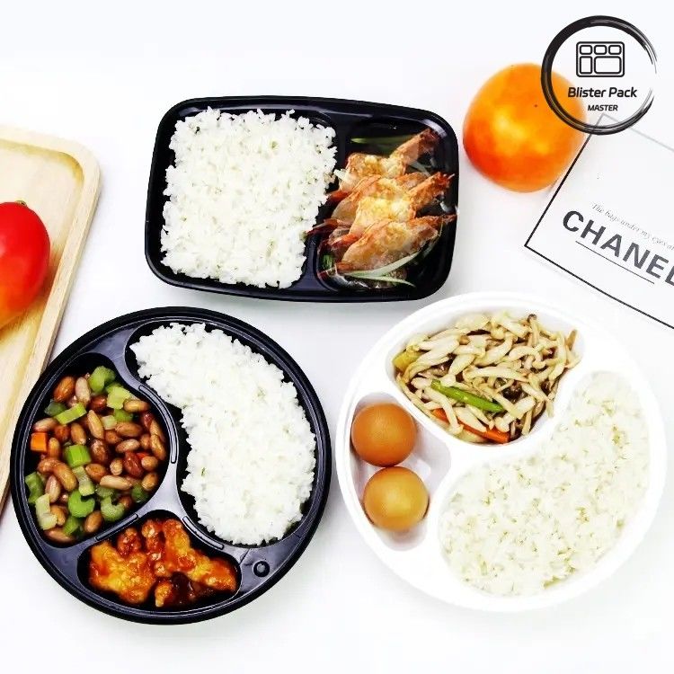 Các hộp nhựa dùng trong lò vi sóng với 2, 3, 4, 6 khoang hộp đựng thực phẩm dùng một lần hình chữ nhật đen