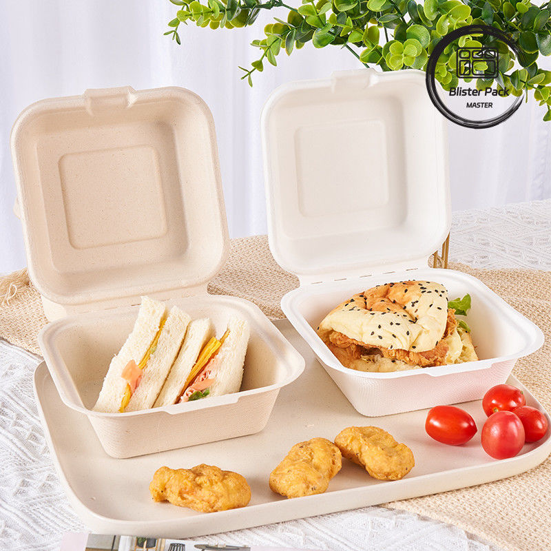 9 inch Canh đường Bagasse Clamshell hộp ăn trưa Một lần sử dụng và phân hủy sinh học hộp đựng thực phẩm cho burger và bánh