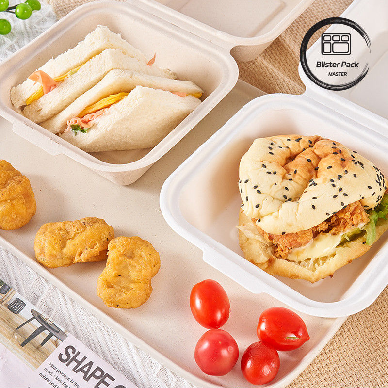 9 inch Canh đường Bagasse Clamshell hộp ăn trưa Một lần sử dụng và phân hủy sinh học hộp đựng thực phẩm cho burger và bánh