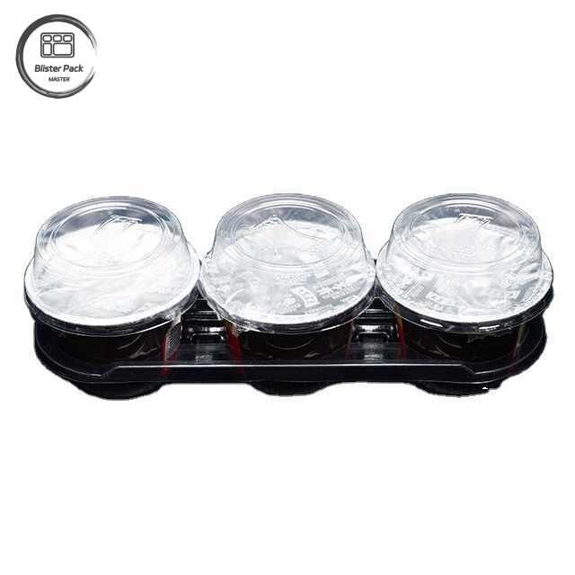 PET dày một lần dùng Transparent Takeout Tray với 3 phần cầm cốc cà phê, Thẻ nhựa cho sữa chua và đồ uống